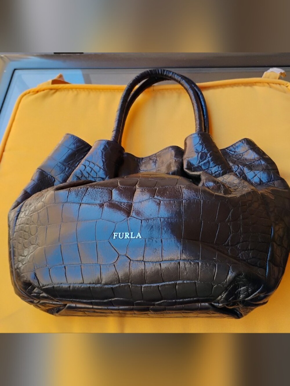 Furla Black Croc-Embossed Satchel